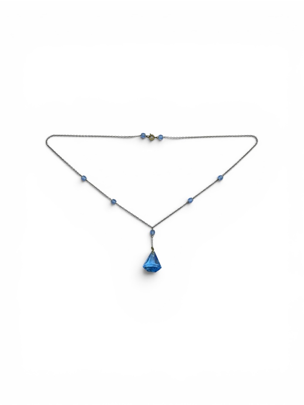 Vintage Art Deco 1920s 1930s Blue Czech Glass Teardrop Silver Tone Necklace 20”